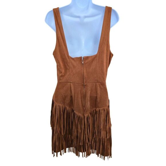 Fringe Western Brown Dress Sleeveless faux Suede Boho Style cottagecore coquette - Picture 6 of 8